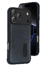 Buti̇k Apple İphone 17 Pro Max Sara Kartvi̇zi̇tli̇ Deri̇ Kılıf - Si̇yah-(5796)