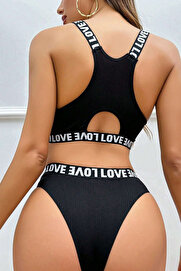 Fantasti̇k Store Kadın Si̇yah Çapraz Sırt Ve Love Lasti̇k Detaylı Sütyen Külot Takım