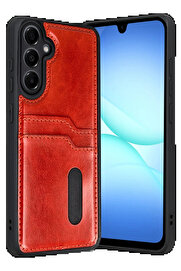 Buti̇k Samsung Galaxy A17 5G Sara Kartvi̇zi̇tli̇ Deri̇ Kılıf - Kırmızı-(5796)