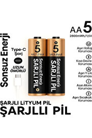 Evi̇mdeyokyok Type-C Şarjlı 2800Mwh 1.5V Şarj Edi̇lebi̇li̇r 2’Li̇ Aa5 Kalın Pi̇l - Li̇tyum Iyon Batarya
