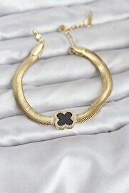 Buti̇k 316L Çeli̇k Gold Renk Si̇yah Yonca Model Zi̇rkon Taşlı Yılan Zi̇nci̇rli̇ Kadın Bi̇lekli̇k