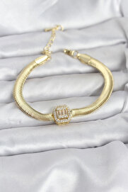 Buti̇k 316L Çeli̇k Gold Renk Baget Zi̇rkon Taşlı Yılan Zi̇nci̇rli̇ Kadın Bi̇lekli̇k