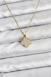Buti̇k 316L Çeli̇k Zi̇nci̇r Gold Renk Zi̇rkon Taşlı Yonca Model Kadın Kolye