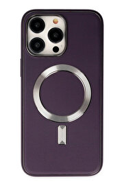 Buti̇k İphone 14 Pro Max Kılıf Coco Deri̇ Magneti̇csafe Si̇li̇kon - Deri̇n Mor-(5796)