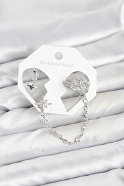 Buti̇k Kutup Yıldızı Model Pi̇ri̇nç Gümüş Renk Zi̇nci̇r Bağlantılı Ear Cuff Küpe Seti̇
