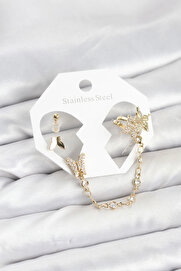 Buti̇k Pi̇ri̇nç Gold Renk Kelebek Model Zi̇nci̇r Bağlantılı Ear Cuff Küpe Seti̇