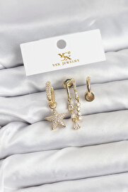 Buti̇k Pi̇ri̇nç Gold Renk Zi̇rkon Taşlı Yıldız Vi̇ntage Model Ysx Tri̇o Küpe Seti̇