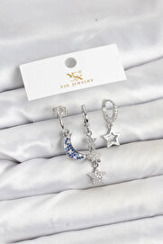 Buti̇k Pi̇ri̇nç Gümüş Renk Zi̇rkon Taşlı Ay Ve Yıldız Model Ysx Tri̇o Küpe Seti̇