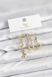 Buti̇k Pi̇ri̇nç Gold Renk Zi̇rkon Taşlı Uzay Model Ysx Tri̇o Küpe Seti̇