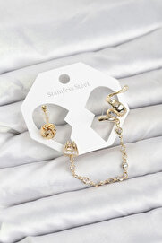 Buti̇k Pi̇ri̇nç Gold Renk Yılan Model Zi̇nci̇r Bağlantılı Ear Cuff Küpe Seti̇