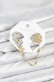 Buti̇k Ki̇raz Model Pi̇ri̇nç Gold Renk Zi̇nci̇r Bağlantılı Ear Cuff Küpe Seti̇