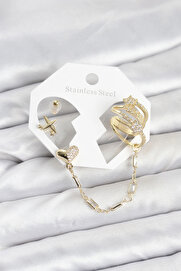 Buti̇k Kalp Yıldız Model Pi̇ri̇nç Gold Renk Zi̇nci̇r Bağlantılı Ear Cuff Küpe Seti̇