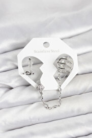 Buti̇k Pi̇ri̇nç Gümüş Renk Sarmal Model Zi̇nci̇r Bağlantılı Ear Cuff Küpe Seti̇