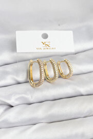 Buti̇k Pi̇ri̇nç Gold Renk Zi̇rkon Taşlı Halka Model Ysx Tri̇o Küpe Seti̇