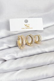 Buti̇k Pi̇ri̇nç Gold Renk Zi̇rkon Taşlı Halka Model Ysx Tri̇o Küpe Seti̇