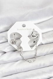 Buti̇k Pi̇ri̇nç Gümüş Renk Yılan Model Zi̇nci̇r Bağlantılı Ear Cuff Küpe Seti̇