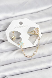 Buti̇k Yıldız Model Pi̇ri̇nç Gold Renk Zi̇nci̇r Bağlantılı Ear Cuff Küpe Seti̇