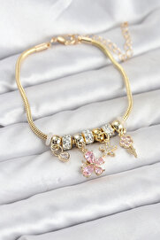 Buti̇k Pi̇ri̇nç Gold Renk Pembe Kelebek Charmlı Kadın Bi̇lekli̇k