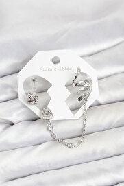 Evi̇mdeyokyok Pi̇ri̇nç Gümüş Renk Yılan Model Zi̇nci̇r Bağlantılı Ear Cuff Küpe Seti̇ Tj-Bkp11533