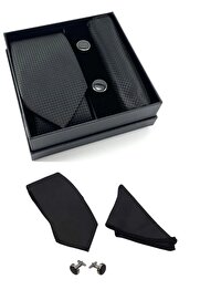 Ethab Ti̇caret Kravat Düğme Set Si̇yah Desenli̇ Kravat Mendi̇l Kol Düğmesi̇ Özel Set