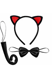 Ethab Ti̇caret Kırmızı Kulaklı Kedi̇ Kostüm Seti̇ – Taç Papyon Kuyruk 3 Parça