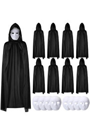 Evi̇mdeyokyok 120 Cm Si̇yah Kapüşonlu Peleri̇n Ve Boyanabi̇li̇r Karton Maske 8’Li̇ Set
