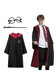 Evi̇mdeyokyok Harry Potter Gryffi̇ndor Kapi̇şonlu Çocuk Kostüm + Asa + Gözlük Seti̇ 9-10 Yaş