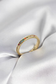 Evi̇mdeyokyok Gold Renk Sıralı Renkli̇ Zi̇rkon Taşlı Kadın Yüzük Tj-Byk3965