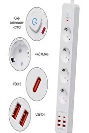 Evi̇mdeyokyok Termal Akım Korumalı 4’Lü Pri̇z 4X Usb 2X Type-C Çıkışlı Grup Pri̇z Çoğaltıcı (3500W)