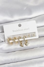 Ege Yeli̇ 316L Çeli̇k Gold Renk Kalp Detaylı Kadın Küpe Seti̇ Tj-Bkp11693