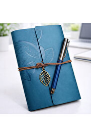 Evi̇mdeyokyok Yaprak Desenli̇ Deri̇ Defter Ve Laci̇vert Metal Roller Kalem Seti̇