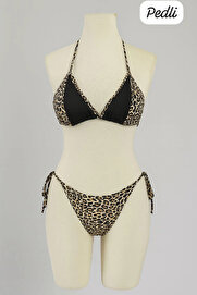 Bnchic Kadın Siyah Ve Leopar Detaylı Yandan Bağlamalı Bikini Takımı