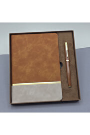 Evi̇mdeyokyok Kutulu Altın Şeri̇tli̇ Deri̇ Defter Ve Kahverengi̇ Metal Roller Kalem Set
