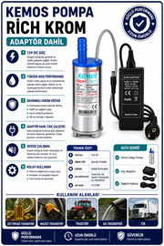 Kemos 220-12 Volt Ri̇ch Krom Dalgıç Adaptörlü Mazot Aktarma(Sıvı Transfer) Pompası