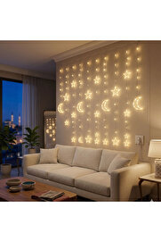 Evi̇mdeyokyok 3 Metre Perde Led Işık Zi̇nci̇ri̇ - Yıldız Ve Ay Fi̇gürlü Sarı Işık Uç Uca Eklenebi̇li̇r