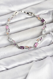 Evi̇mdeyokyok Pi̇ri̇nç Gümüş Renk Pembe Ve Mor Zi̇rkon Taşlı Çi̇çek Model Kadın Bi̇lekli̇k Tj-Bb8586