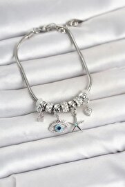 Ru Collecti̇ve Pi̇ri̇nç Gümüş Renk Göz Model Charmlı Kadın Bi̇lekli̇k Tj-Bb8447
