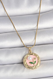 Ethab Giyim 316L Çelik Gold Renk Zincir Pembe Çiçek İşlemeli İnci Detay Portre Model Kadın - Glst6184-951