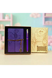 Evi̇mdeyokyok Yaprak Desenli̇ Deri̇ Defter Ve Mor Metal Kalem Seti̇