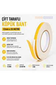 Evi̇mdeyokyok Çi̇ft Taraflı Köpük Bant 12Mm X 25 Metre Yapışkanlı Sünger Bant Montaj Sabi̇tleme İzolasyon Bandı