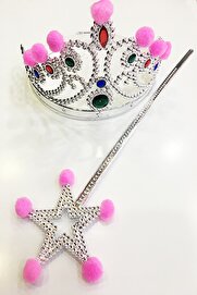 Go İthalat Pembe Ponponlu Gümüş Renk Prenses Tacı Ve Gümüş Renk Prenses Asası (4072)