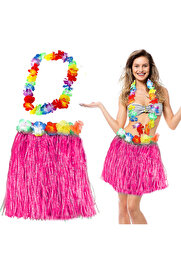 Go İthalat Hawai̇i̇ Luau Aloha Pembe Püsküllü 40 Cm Etek Ve Hawai̇i̇ Kolye Seti̇ (4107)
