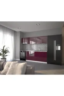 Vi̇sasconcept 240 Cm Sümbül Hazır Mutfak Dolabı Parlak Hıgh-Gloss Aspi̇ratör Modüllü Mürdüm(Tezgah Dahi̇l)