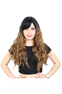 Sql Perçemli Uzun Su Dalgası Fiber Sentetik Peruk/ Siyah / Karamel Ombreli