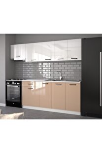 Vi̇sasconcept 240 Cm Güneş Hazır Mutfak Dolabı Parlak Hıgh-Gloss Aspi̇ratör Modüllü Beyaz Ve Cappuci̇no