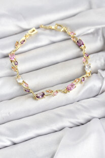 Evi̇mdeyokyok Pi̇ri̇nç Gold Renk Pembe Ve Mor Zi̇rkon Taşlı Çi̇çek Model Kadın Bi̇lekli̇k Tj-Bb8585