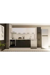 Vi̇sasconcept 300 Cm Ayça Hazır Mutfak Dolabı Aspi̇ratör, Ankastre Ve Ki̇ler Modüllü Parlak Beyaz Ve Antrasi̇t