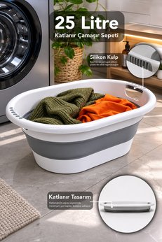 Meleni Home 25Lt Katlanabilir Çamaşır Sepeti - Akordiyon Silikon Kulplu Çamaşır Sepeti Banyo Düzenleyici Sepet