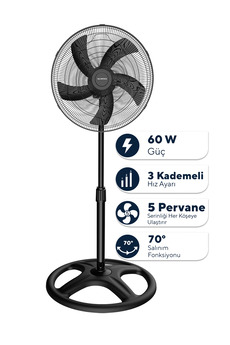 KUMTEL KTF-345 Siyah 18 İnç Ayaklı Vantilatör 60 W 5 Pervaneli 3 Kademeli 132 cm