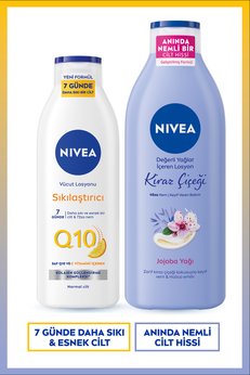 NIVEA Q10 Sıkılaştırıcı Losyon 250ml ve Kiraz Çiçeği Kokulu Nemlendirici Vücut Bakım Losyonu 400ml